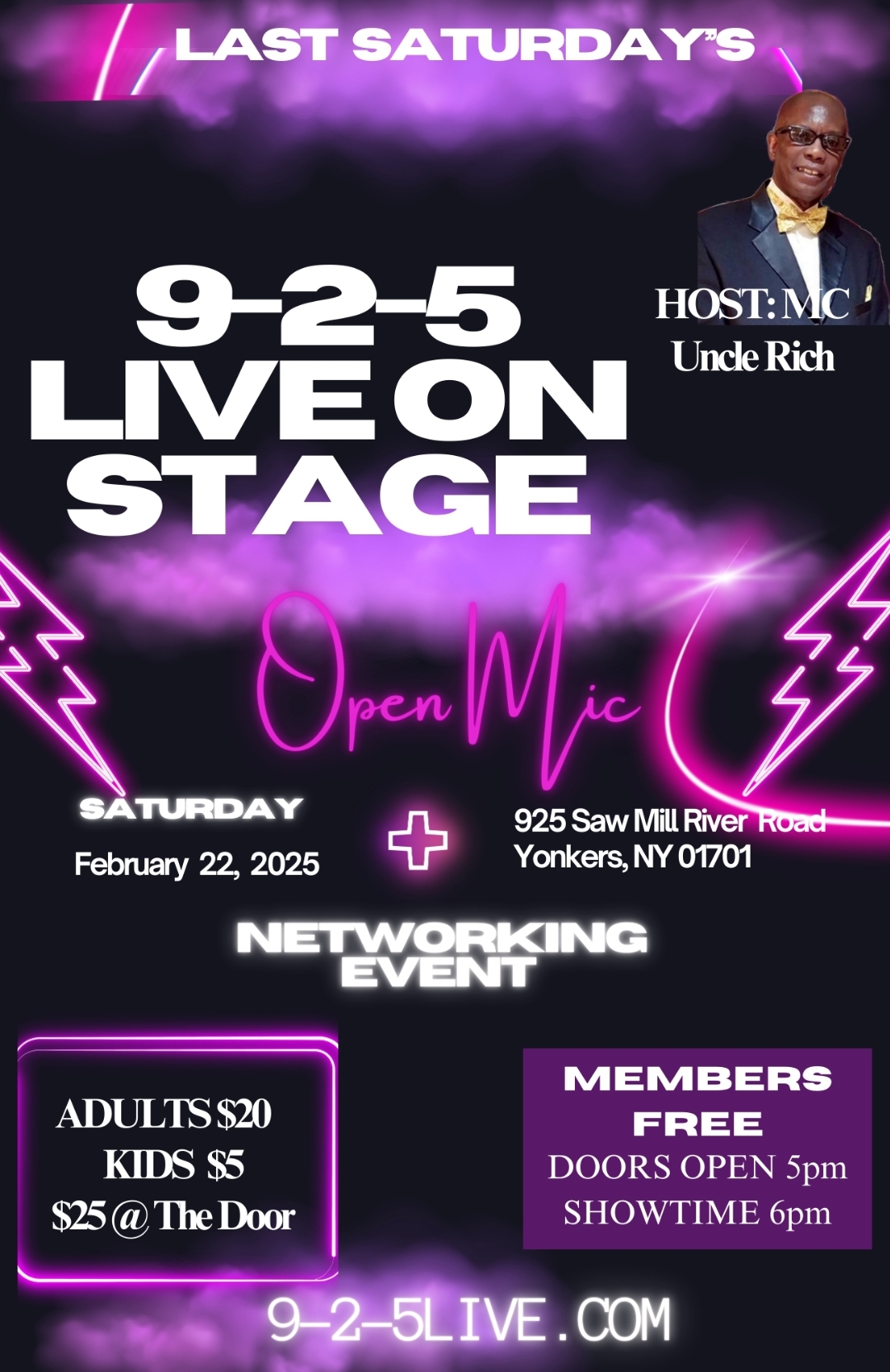 Adult Ticket Price: $20.00 ($25.00 at the door) | Kid Ticket Price: $5.00 | Event: 9-2-5 Live On Stage | Date: Saturday February 22nd 2025 | Time: (Doors open@ 5:00pm | Showtime@ 6:00pm