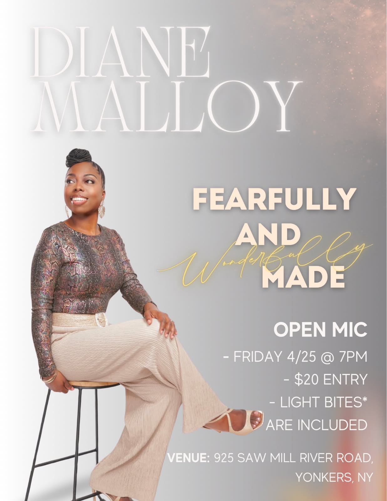 Adult Ticket Price: $20.00 ($25.00 at the door) | Kid Ticket Price: $5.00 | Event: Fearfully & Wonderfully Made | Date: Friday April 25 2025 | Time: (Doors open@ 6:00pm | Showtime@ 7:00pm